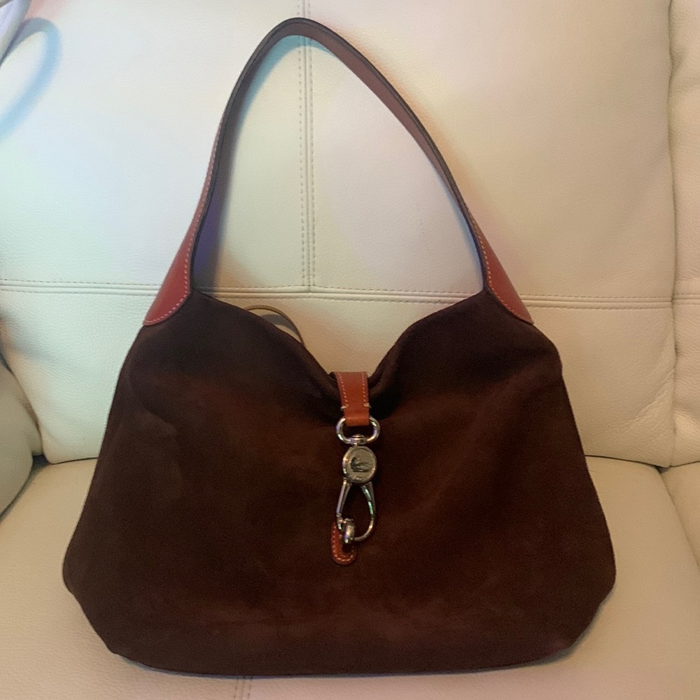 Dooney Bourke brown suede bag w/leather strap.